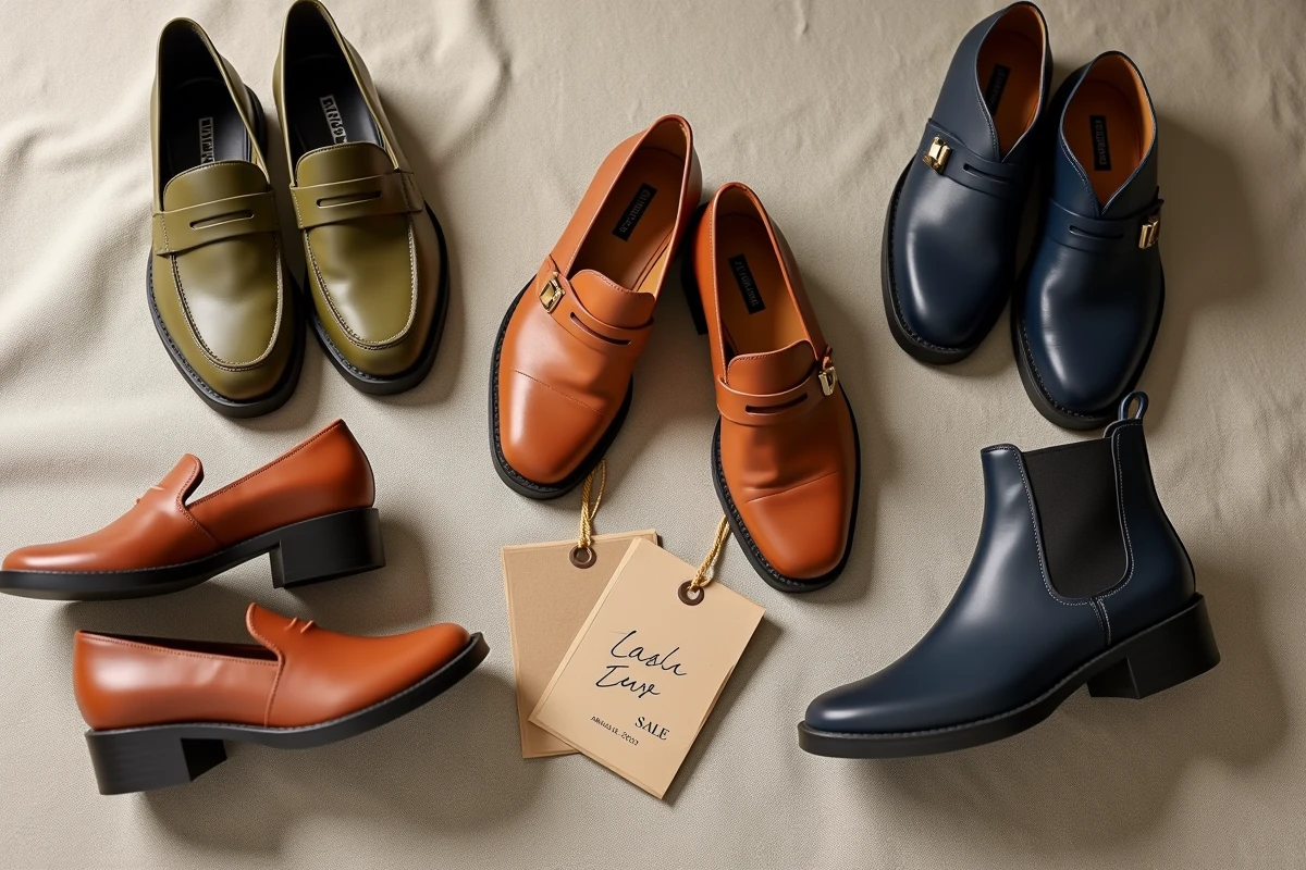 Plusieurs modèles de chaussures Arche en déstockage arrangés en flat lay avec étiquettes de prix promotionnelles