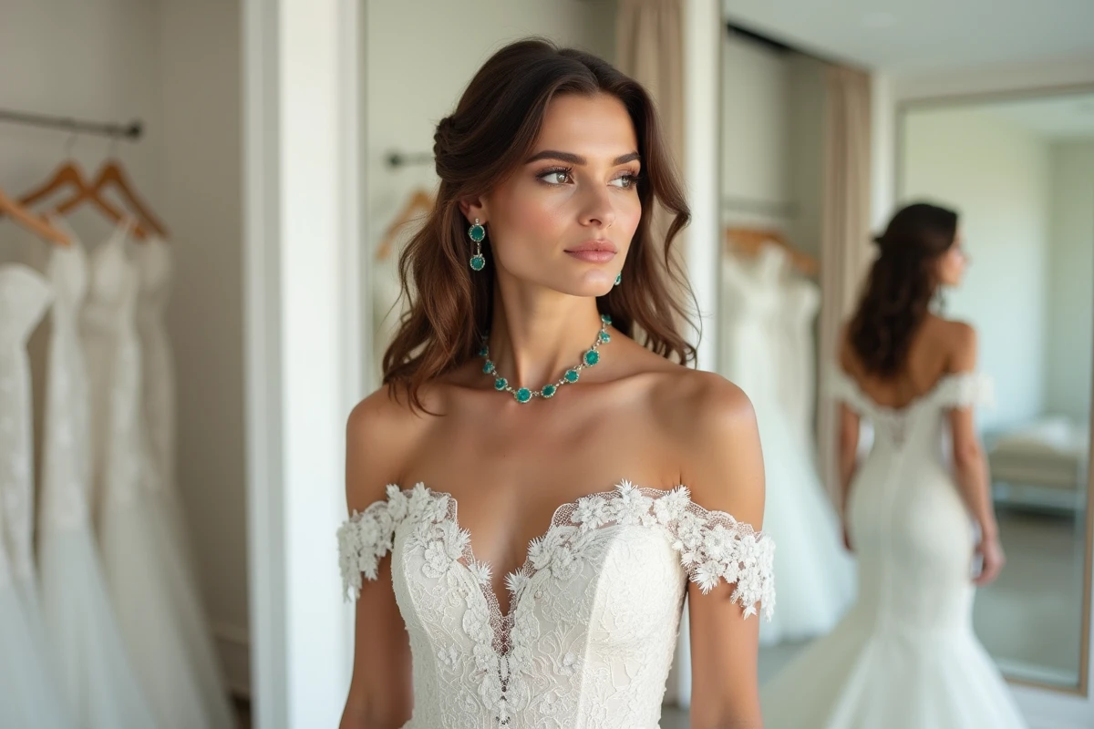Femme en robe de mariée dentelle épaules dénudées avec un collier choker argent et émeraude en boutique nuptiale