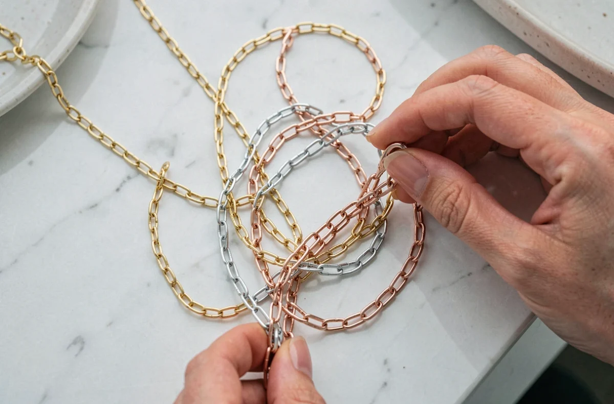 Gros plan de colliers emmêlés en or, argent et or rose sur marbre blanc, représentant les blocages énergétiques et spirituels
