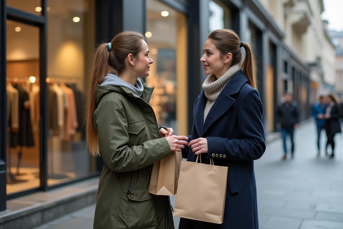 Deux femmes comparant leurs achats devant la vitrine d'un outlet de marques en ville
