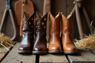 Comparaison bottine country femme cuir premium et synthétique pas cher posées sur une planche en bois rustique