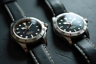 Comparaison côte à côte d'une vraie montre et d'une contrefaçon grossière sur ardoise noire, montrant les défauts visuels du cadran et du logo
