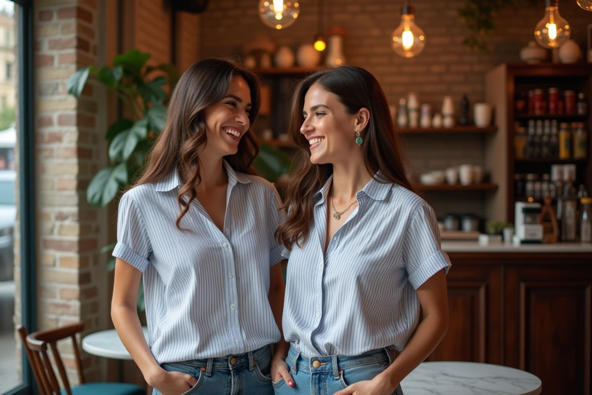 Deux femmes de morphologies différentes portant le même haut IKKS en comparant la coupe dans un café parisien