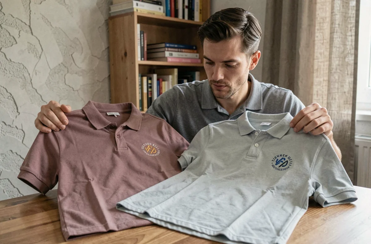 Homme comparant un polo de marque authentique et une contrefaçon à son bureau, mettant en évidence les différences de qualité des vêtements de marque