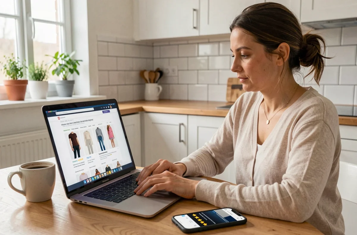 Femme consultant des avis clients sur un site de vente en ligne de vêtements de sport depuis sa cuisine