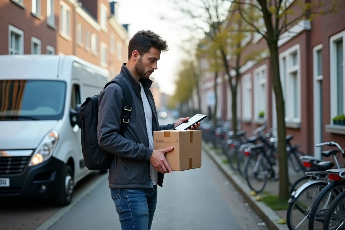 Jeune livreur avec scanner devant sa camionnette en Belgique
