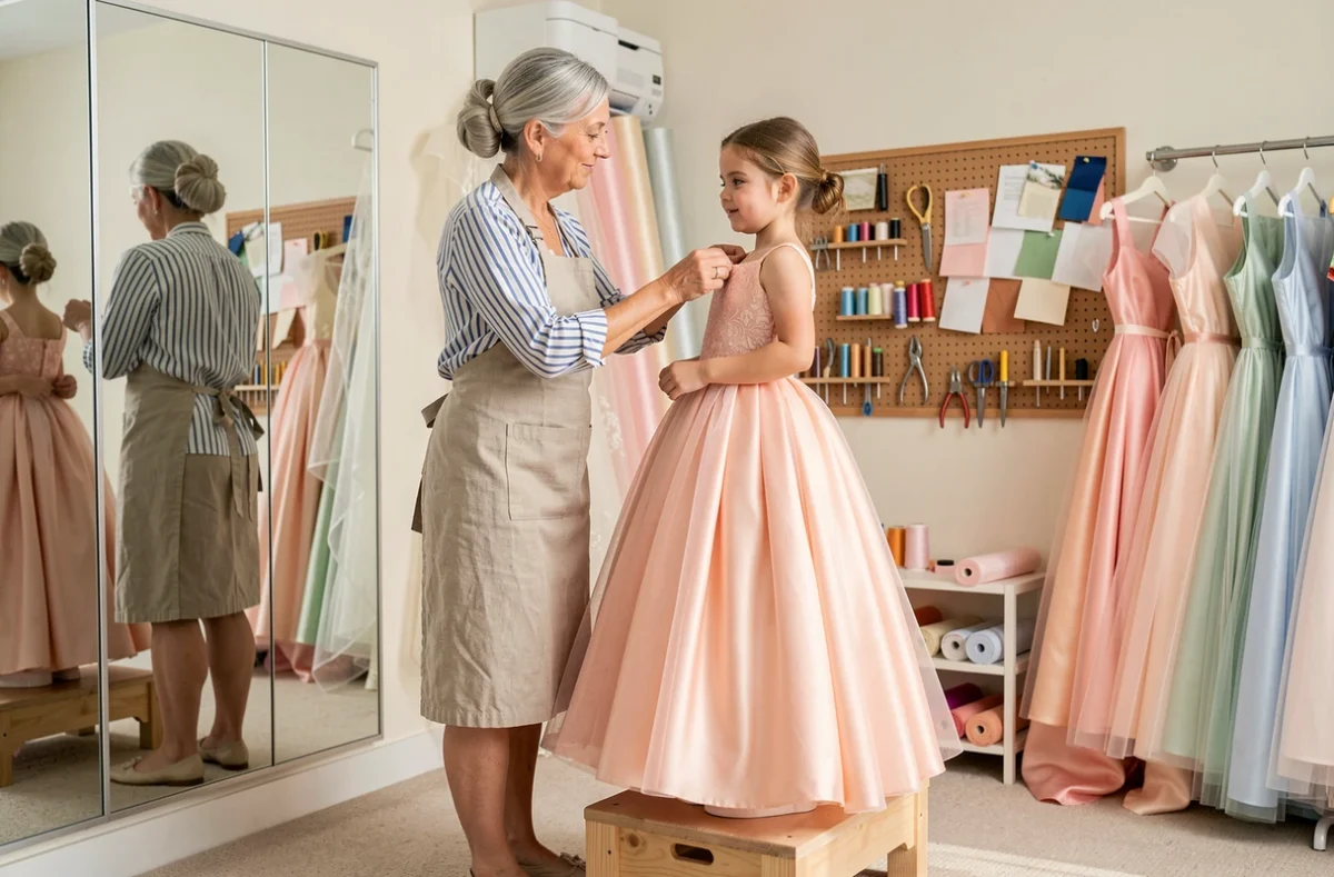 Couturière ajustant une robe de princesse rose sur mesure sur une fillette lors d'un essayage dans un atelier de couture