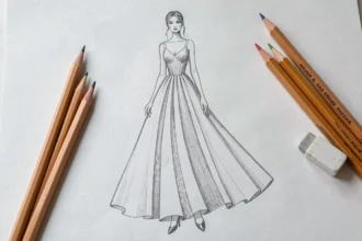 Croquis de mode au crayon d'une silhouette élancée en robe