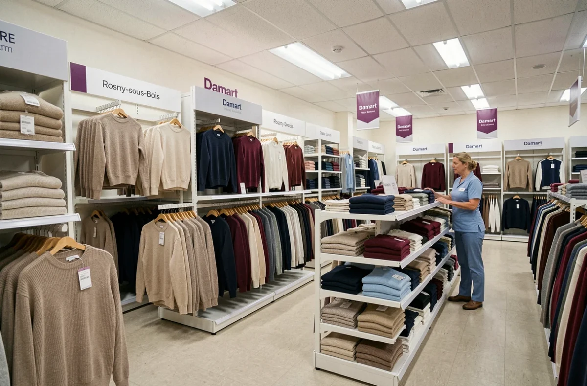 Intérieur du magasin Damart à Rosny-sous-Bois avec des rayons de vêtements thermiques soigneusement organisés
