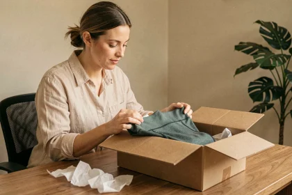 Femme déballant une commande de vêtements Halara reçue à domicile, examinant un legging de sport soigneusement emballé