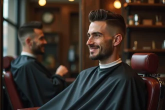 Homme en coupe dégradé espagnol assis dans un fauteuil de barbier regardant son reflet dans un miroir