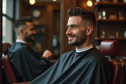 Homme en coupe dégradé espagnol assis dans un fauteuil de barbier regardant son reflet dans un miroir