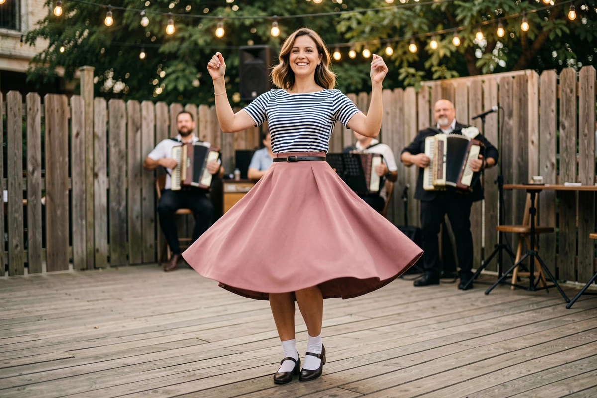 Femme en tenue guinguette rayée marine et blanc avec jupe rose dansant sur une piste de danse en bois en plein air