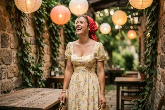 Femme en déguisement guinguette vintage avec robe fleurie pastel et foulard à pois rouges dans un cadre de café en bord de rivière
