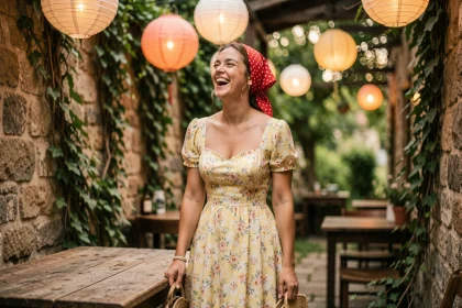 Femme en déguisement guinguette vintage avec robe fleurie pastel et foulard à pois rouges dans un cadre de café en bord de rivière
