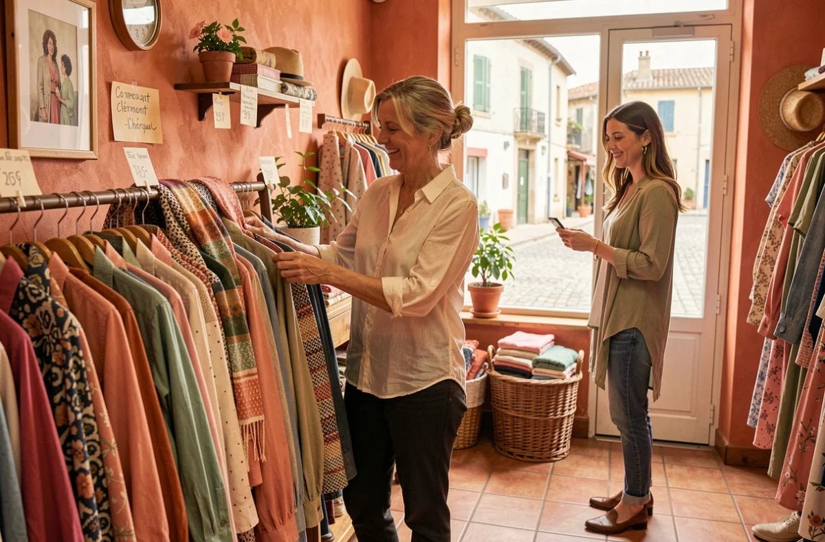 Boutique Des Fringues et Vous à Clermont-l'Hérault avec une commerçante arrangeant des vêtements féminins colorés sous le regard d'une cliente souriante