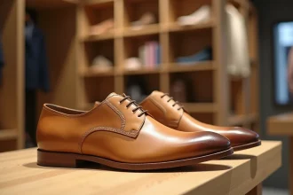 Chaussures Arche en cuir naturel exposées sur une étagère en bois dans une boutique de déstockage 2026