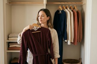 Femme tenant une robe midi bordeaux dans un dressing épuré et bien organisé, entouré de quelques robes choisies sur des cintres en bois