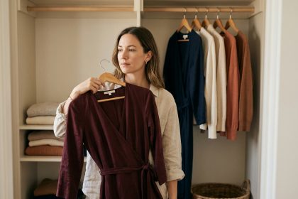 Femme tenant une robe midi bordeaux dans un dressing épuré et bien organisé, entouré de quelques robes choisies sur des cintres en bois