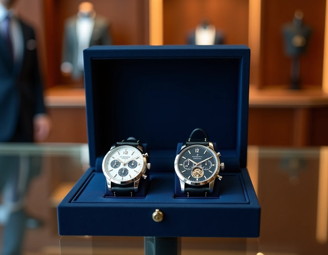 Deux montres de haute horlogerie en platine présentées dans un écrin en velours marine dans une boutique de luxe, calendrier perpétuel et répétition minutes côte à côte