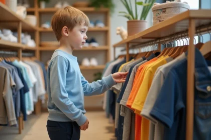 Enfant de 5-6 ans en vêtements taille 116 dans une boutique de mode enfantine avec des étiquettes de tailles visibles