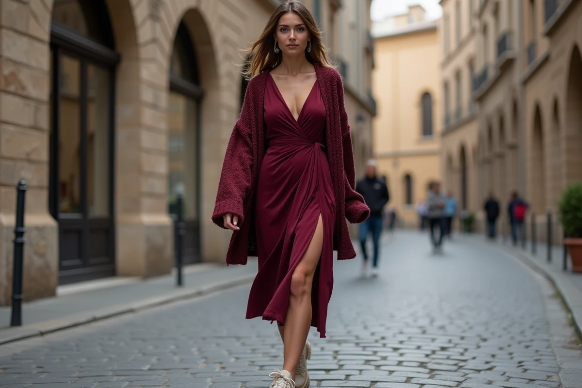 Femme en robe SINEQUANONE bordeaux mal agencée avec un cardigan oversize et des sneakers épaisses, montrant les erreurs de style courantes à éviter avec ce type de robe