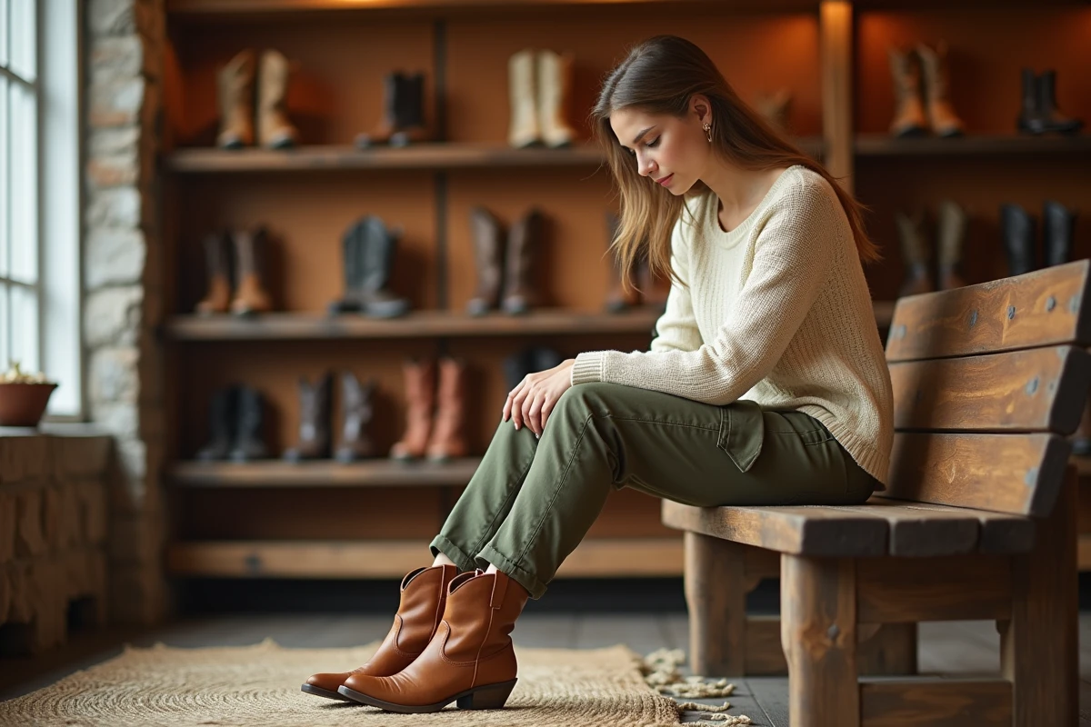 Jeune femme essayant des bottines country pas chères en boutique western avec rayonnages de bottes en arrière-plan