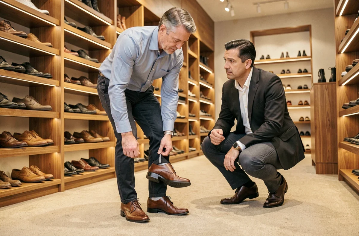 Homme en magasin de chaussures essayant une paire trop grande avec le talon qui glisse, assisté par un vendeur