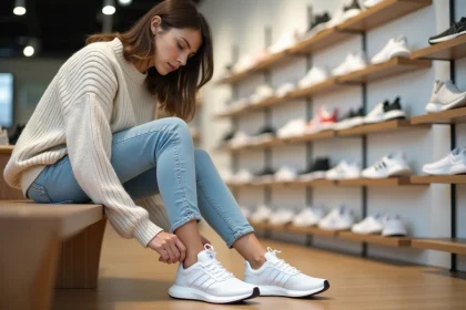 Femme essayant des chaussures Adidas en magasin pour vérifier la taille avant achat
