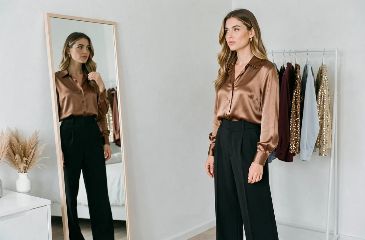 Femme essayant une tenue Nouvel An tendance devant un miroir dans une chambre minimaliste avec un portant de vêtements