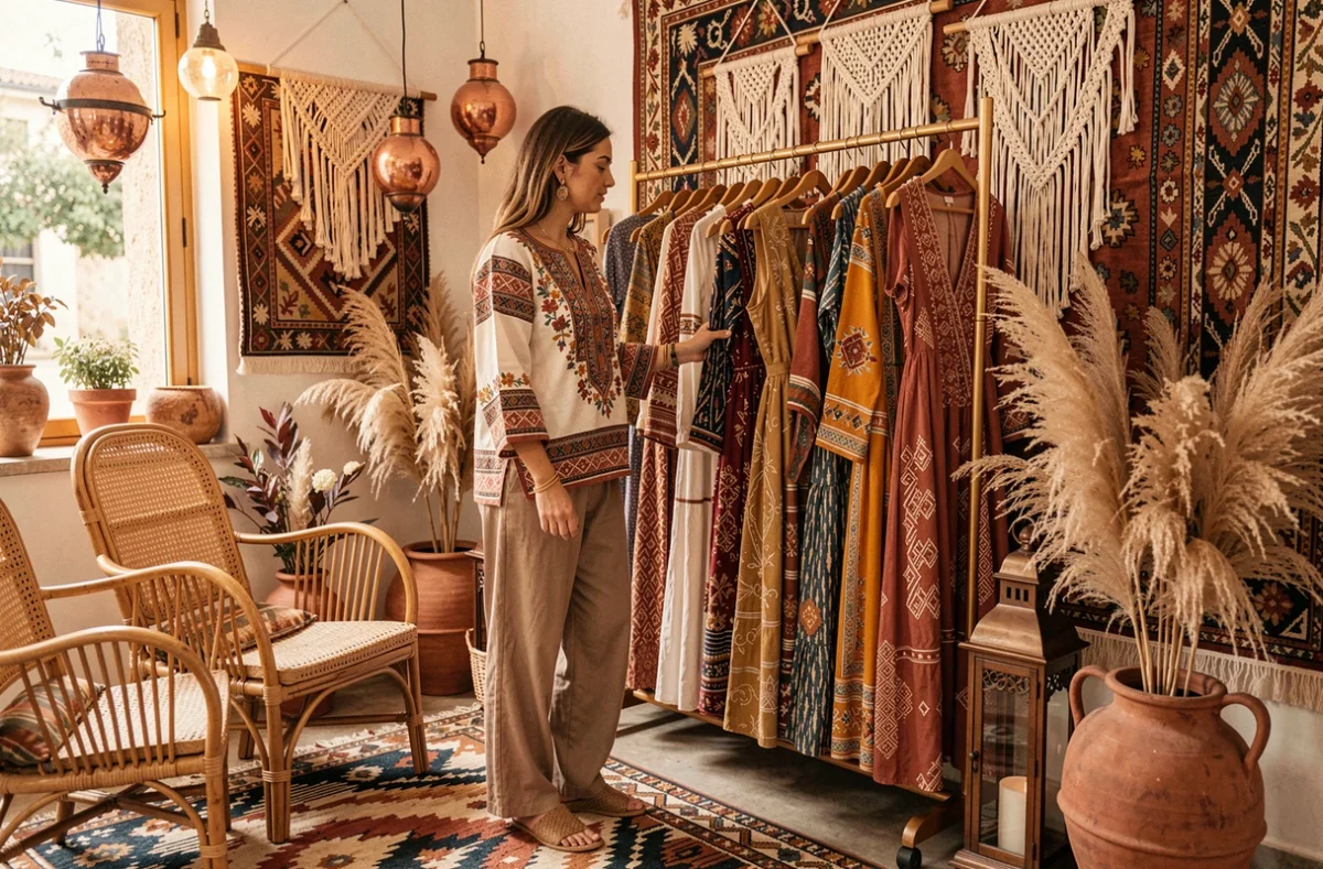 Boutique Ethnics à Montpellier avec une femme vêtue de tenues bohèmes parcourant des robes fluides entourée de décorations artisanales
