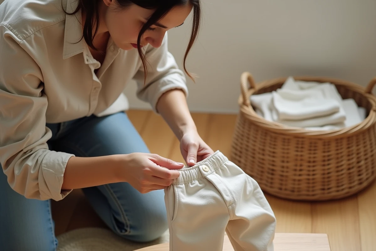 Mère vérifiant l'étiquette de taille 116 sur un pantalon enfant à la maison