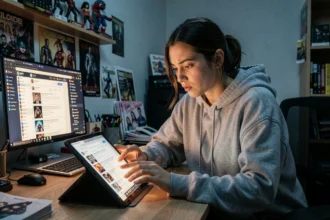 Jeune femme consultant des plateformes de fans sur une tablette dans un bureau personnel encombré de produits dérivés pop culture