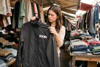 Femme inspectant une veste de marque douteuse sur un marché aux puces, illustrant les risques des fausses bonnes affaires en vêtements de marque