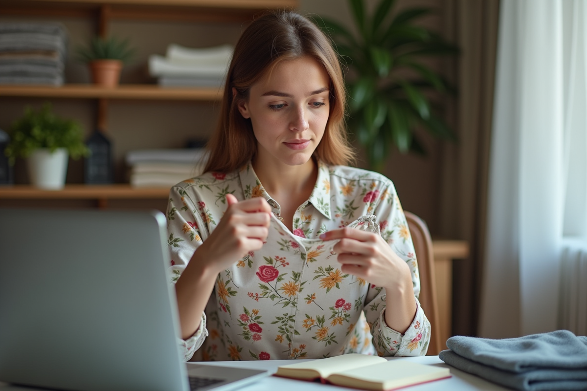 Jeune femme examinant une robe à fleurs avec attention