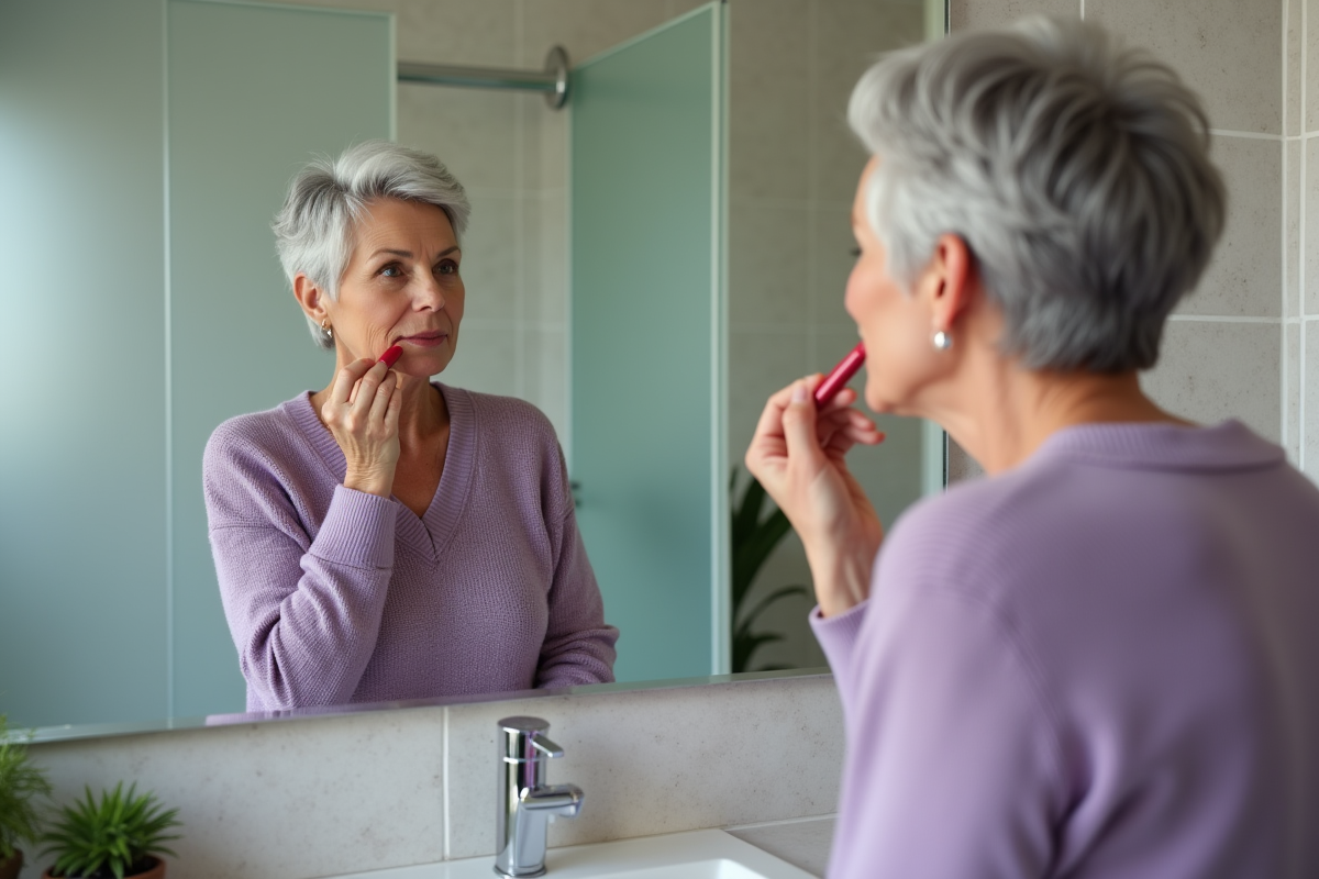 Femme âgée applique un rouge à lèvres dans sa salle de bain