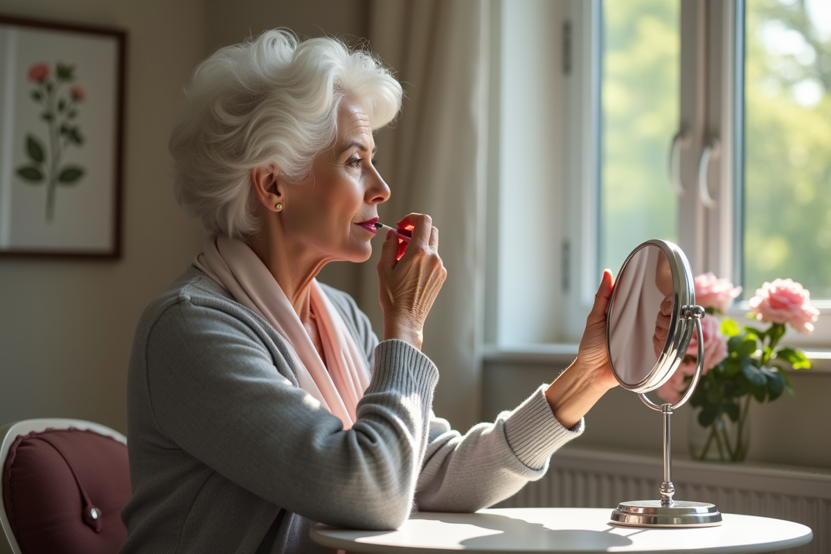 Femme élégante de 60 ans appliquant rouge à lèvres dans un miroir