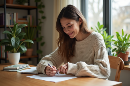 Jeune femme en pull tricotant un anneau avec un stylo