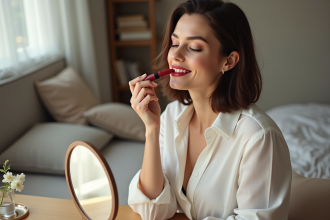 Femme appliquant rouge à lèvres dans un miroir