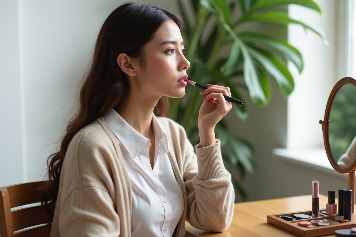 Femme appliquant du crayon à lèvres devant un miroir naturel