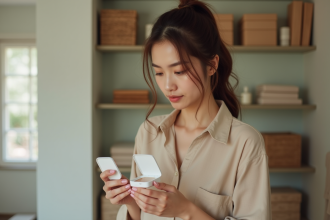 Jeune femme lisant étiquettes de maquillage naturelle
