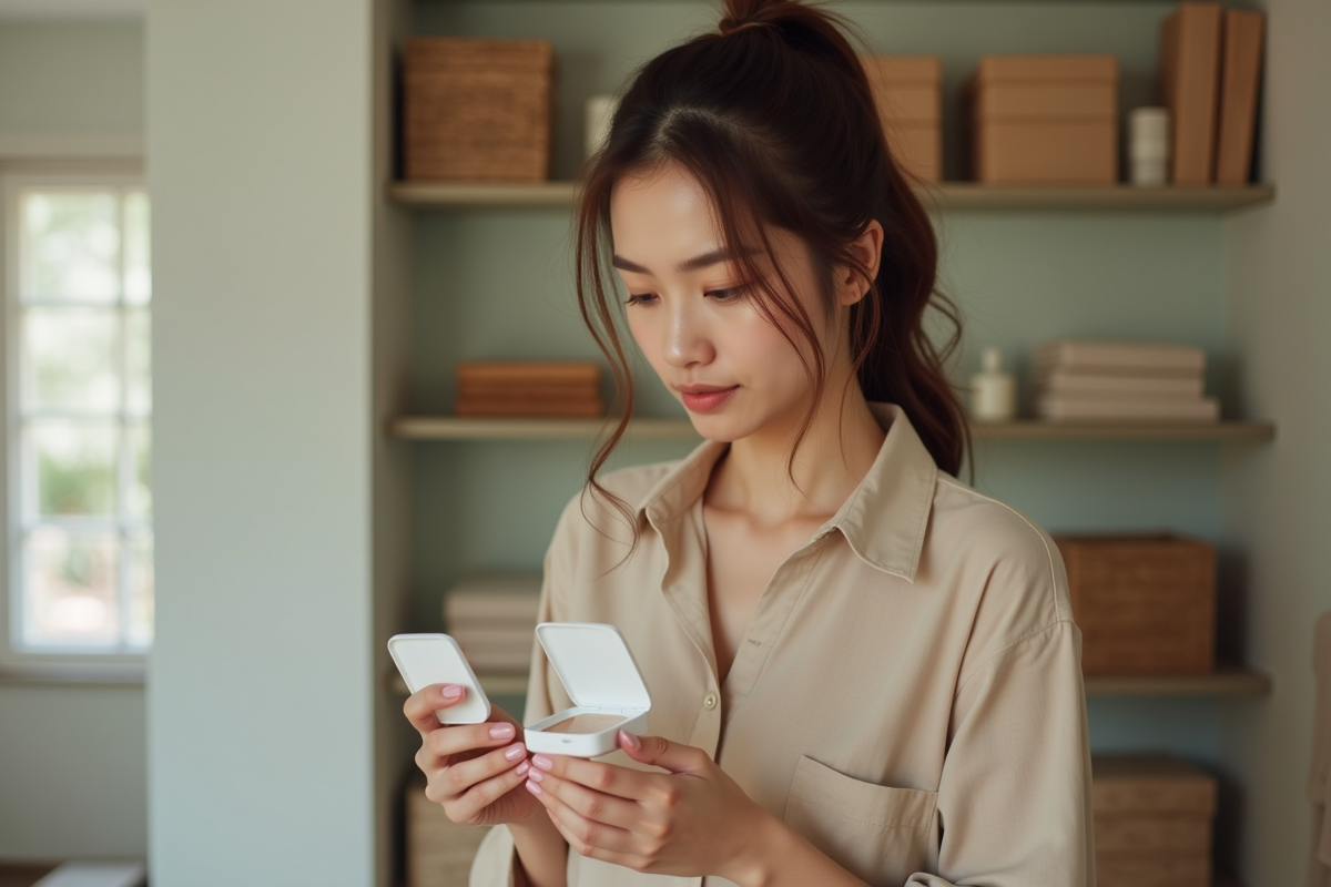 Jeune femme lisant étiquettes de maquillage naturelle