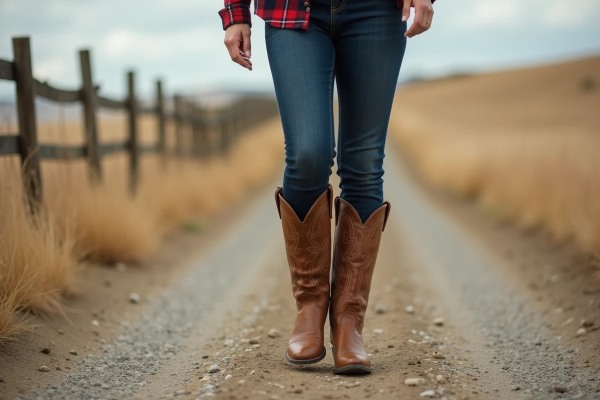 Femme portant des bottines country en cuir marron sur un chemin de campagne en gravier avec clôture en bois