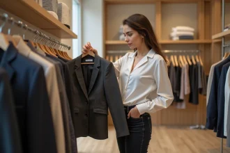 Femme consultant l'étiquette de taille d'un blazer IKKS en boutique parisienne