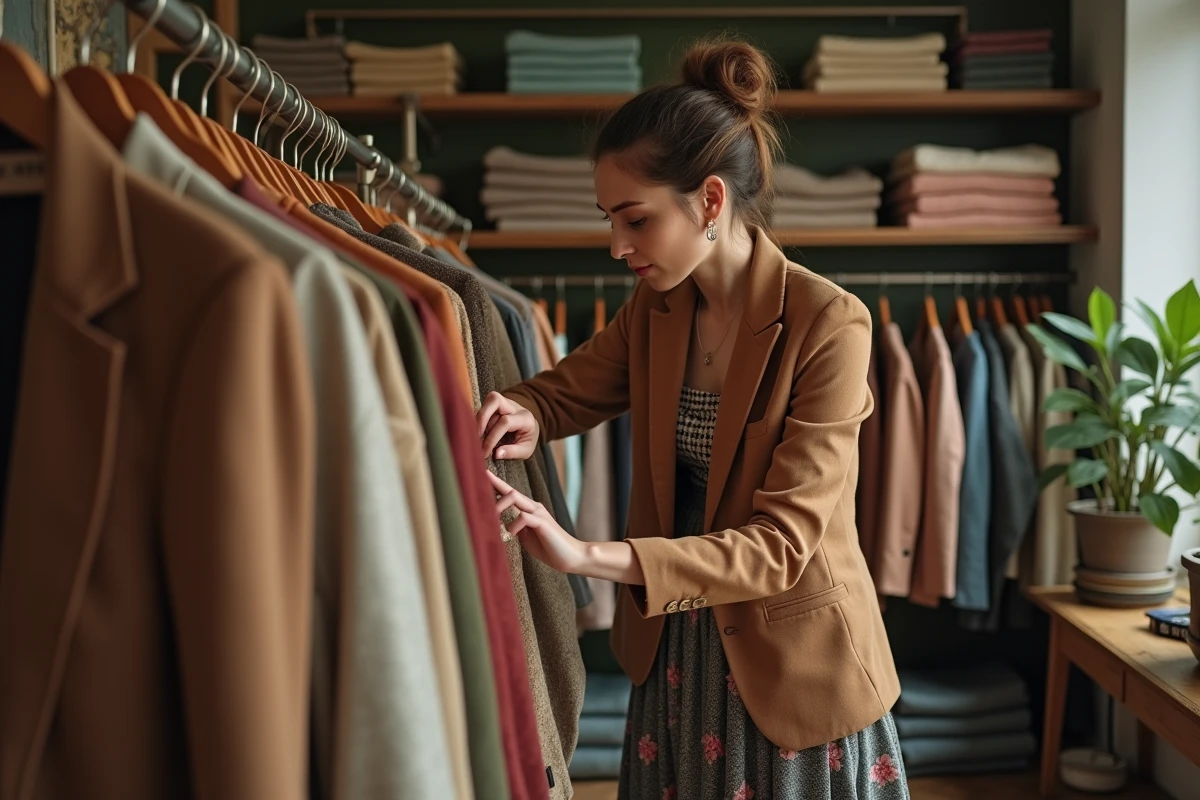Femme mixant blazer moderne et jupe vintage fleurie dans une boutique de vêtements d'occasion