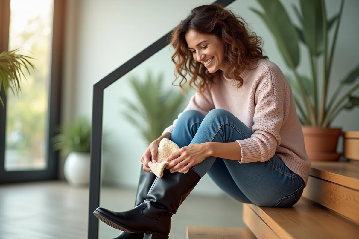 Femme dans un intérieur lumineux nettoyant ses bottes noires