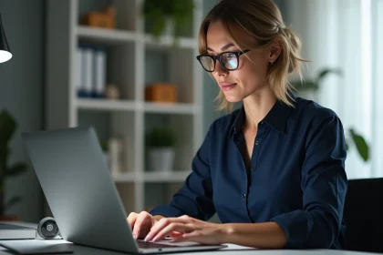 Femme au bureau saisissant un mot de passe sur son ordinateur