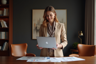 Femme en blazer beige examinant des rapports de salaire