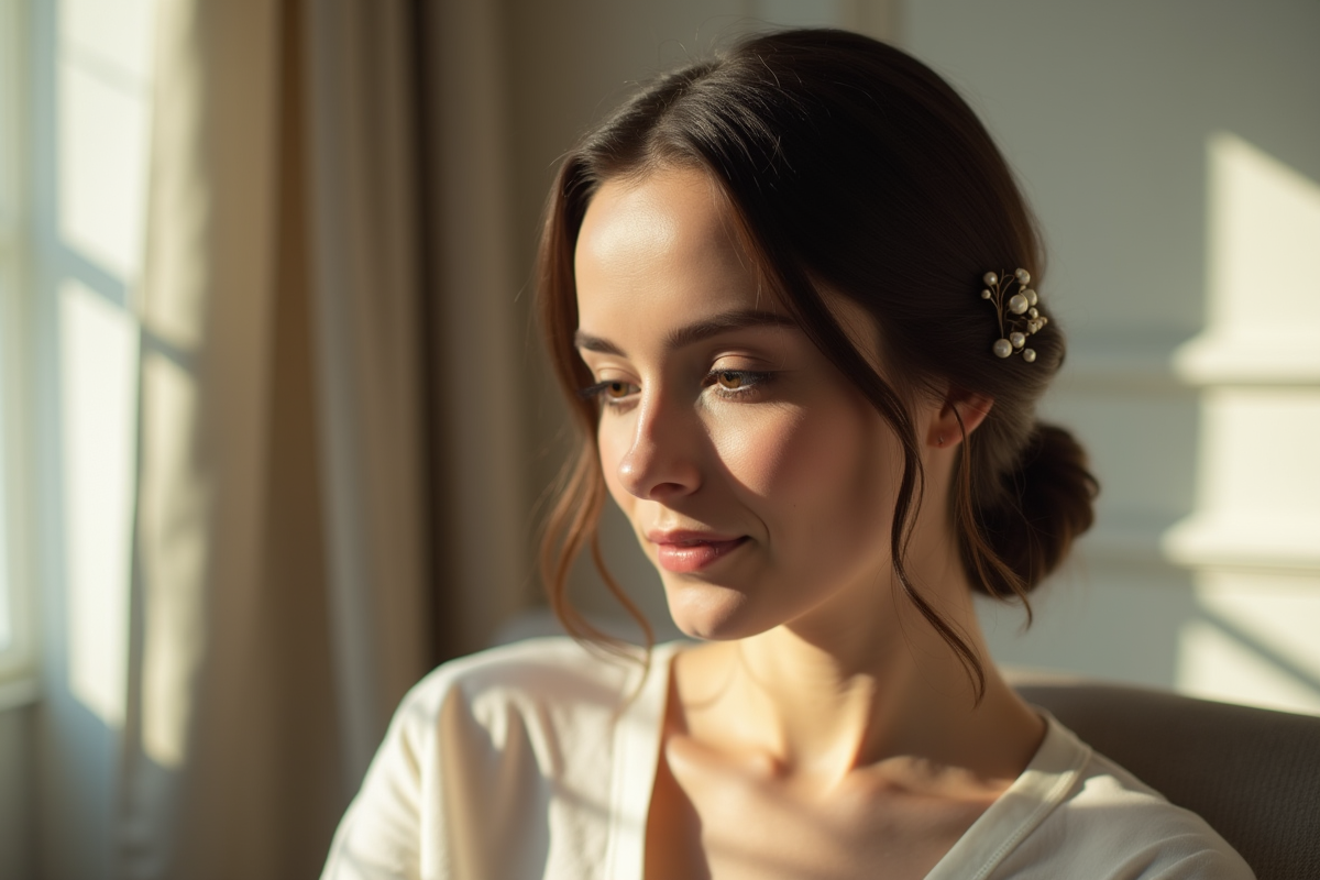 Femme avec chignon élégant et épingles perles en intérieur