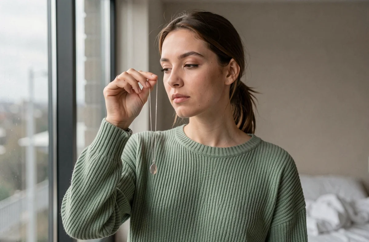 Femme tenant un collier en argent devant une fenêtre et méditant sur ses blocages spirituels intérieurs